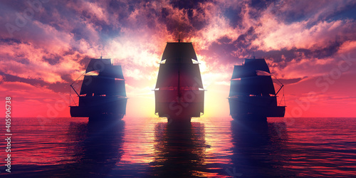 Canvastavla old three ships sunset at sea, 3d rendering