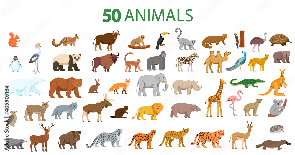 Set of forest animals bear, fox, wolf, elk, deer, hare, beaver, hedgehog, squirrel, wild boar.Flat cartoon illustration for kids. Set of forest animals bear, fox, wolf, elk, deer, hare, beaver, hedgehog, squirrel, wild boar.Flat cartoon illustration for kids.