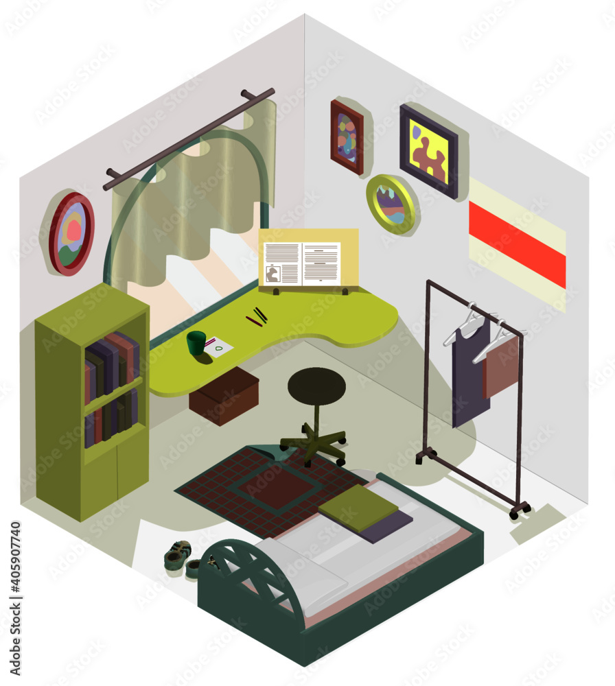 Isometric student room with grey walls and variegated furniture