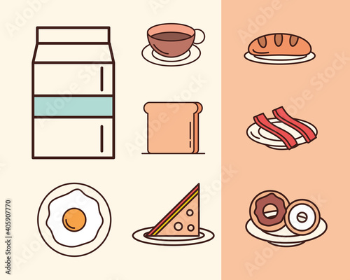 breakfast menu ingredient products milk bread bacon egg donuts icons set, line and fill style