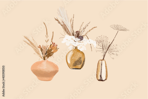 Set of bouquets in gold vases in pastel tones