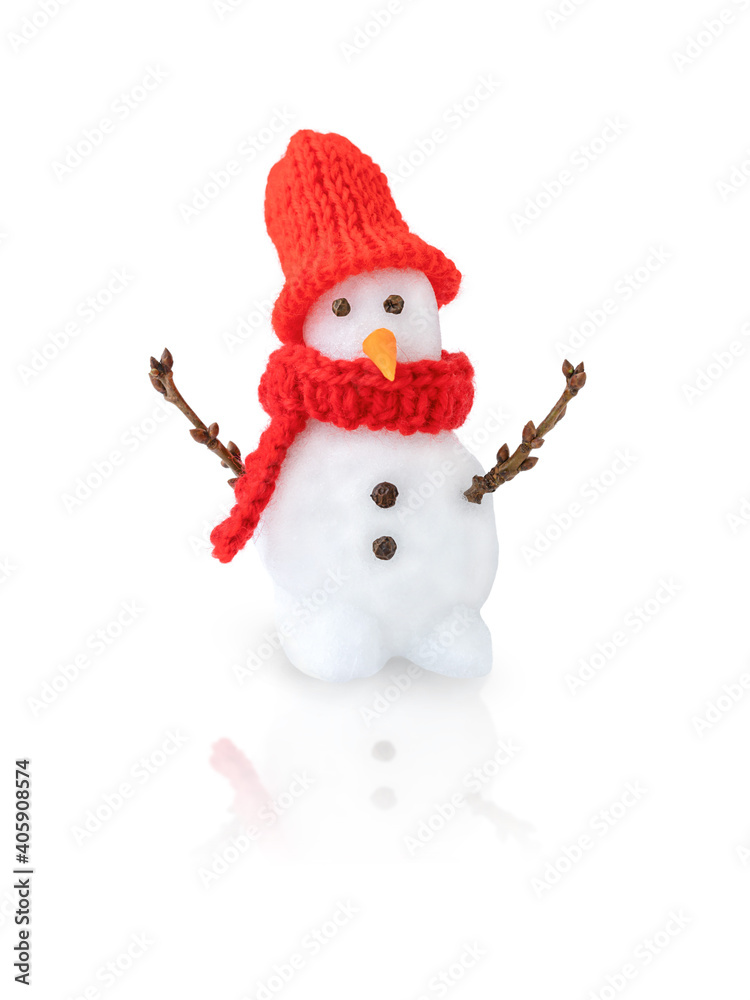 Isolated snowman in red hat and red scarf on white background