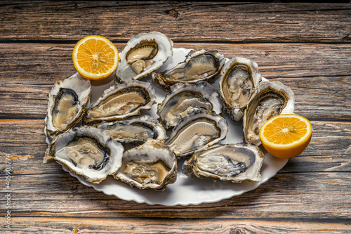 Fresh opened oysters in a white plate with lemon on dark wooden textured background, top view