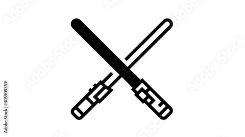 crossed light swords fight animated black icon. wars geek sign. isolated on white background photo