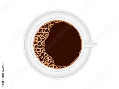 Cup coffee top view. Brown aromatic liquid with foam in ceramic bowl on plate realistic hot mocha cappuccino for invigorating vector morning.