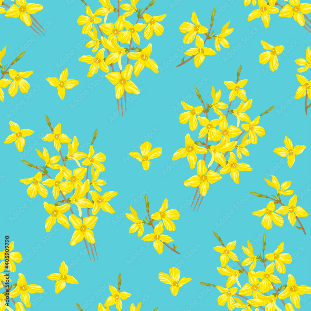Yellow forsythia flowers on a blue background. Spring floral seamless pattern. Vector illustration in cartoon flat style. Yellow forsythia flowers on a blue background. Spring floral seamless pattern. Vector illustration in cartoon flat style.