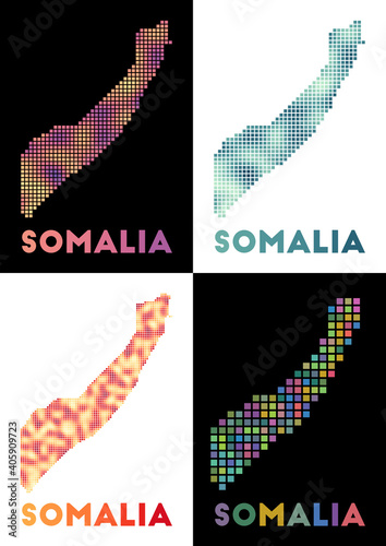 Somalia map. Collection of maps of Somalia in dotted style. Borders of the country filled with rectangles for your design. Vector illustration.