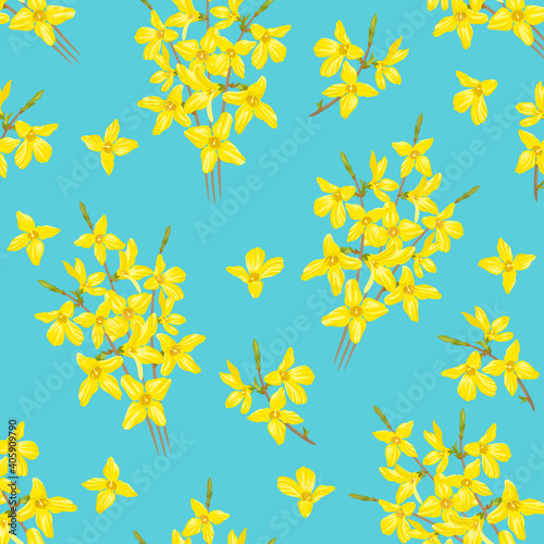 Yellow forsythia flowers on a blue background. Spring floral seamless pattern. Vector illustration in cartoon flat style.