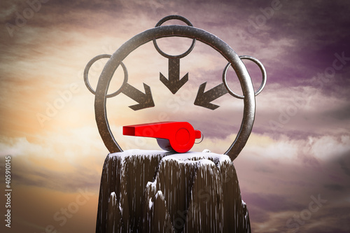Whistle at the top of the mountain with a male symbol around it demonstrating reporting sexual assault and workplace harassment concept. 3D illustration