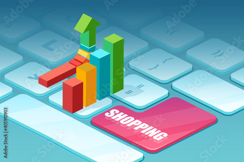 Vector of a growing up bar chart on a laptop keyboard as symbol of growing online sales