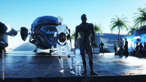 robotic family at a futuristic station in the clouds, against the backdrop of a flying city. Future family concept. 3d rendering.