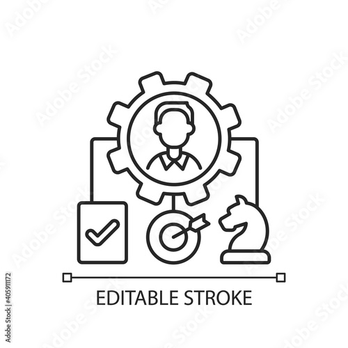 Operations management linear icon. Maximizing organization profit. Production process control. Thin line customizable illustration. Contour symbol. Vector isolated outline drawing. Editable stroke
