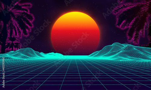 Palms retro on purple background. Vintage computer technology geometric background. Futuristic background 3d vector illustration.