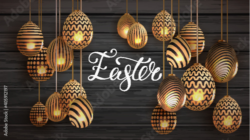 3d golden egg patterned easter background vector on black wood. Holiday vector golden gift background. 3d Vector illustration.