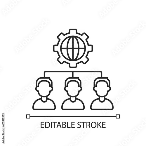 Outsourcing linear icon. Obtaining goods and services from foreign supplier. Business practice. Thin line customizable illustration. Contour symbol. Vector isolated outline drawing. Editable stroke