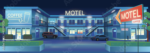 Vector cartoon illustration of night motel with cars and coffee bar.