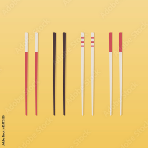 Set: Chopsticks. Yellow background. Vector illustration, flat design