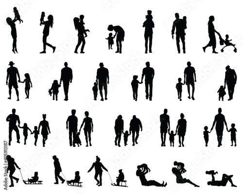 Silhouettes of families at walking and game on a white background
