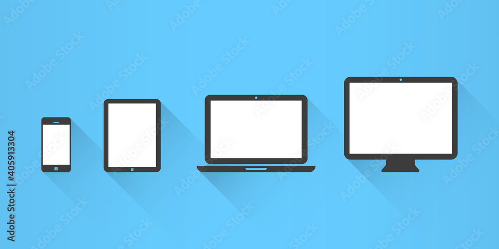 Device Icons: smart phone, tablet, laptop and desktop computer. Flat design