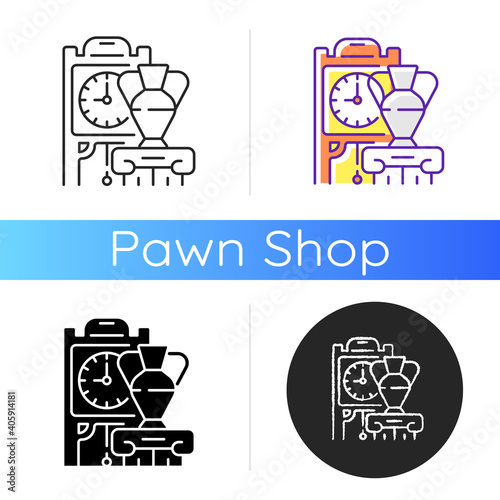 Antiques icon. Collectible objects. Selling old and vintage items. Antique furniture. Old clocks. Age, rarity, condition. Linear black and RGB color styles. Isolated vector illustrations