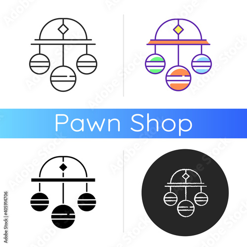 Pawn symbol icon. Three spheres suspended from bar. Monetary success symbol. Pawnbrokers symbolic meaning. Lombard banking. Linear black and RGB color styles. Isolated vector illustrations