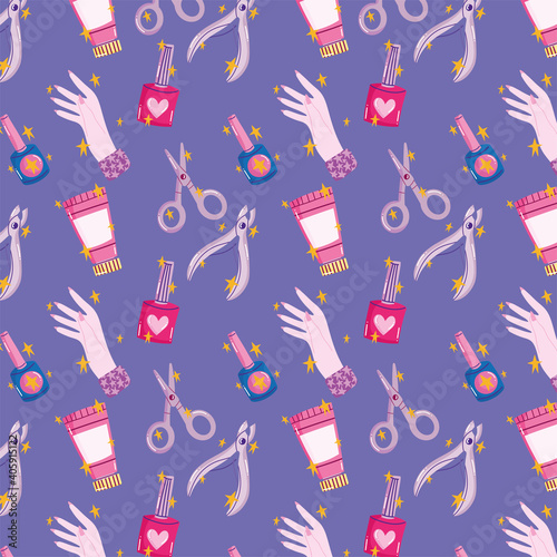 manicure care tools scissors cuticle trimmer cream and varnish cartoon background