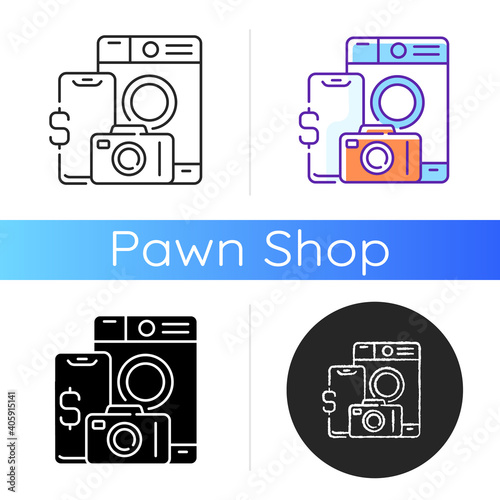 Pawn item icon. Materialistic value. Smartphones and electronic gadgets. Reselling retail items. Collateral-based loans. Linear black and RGB color styles. Isolated vector illustrations