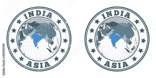 India round logos. Circular badges of the country with a map of India in a world context. Plain and textured country stamps. Vector illustration.