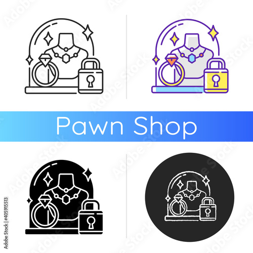 Pledge safety icon. Security measures. Pawn shop responsibility. Keeping items in store secure. Collateral property. Linear black and RGB color styles. Isolated vector illustrations