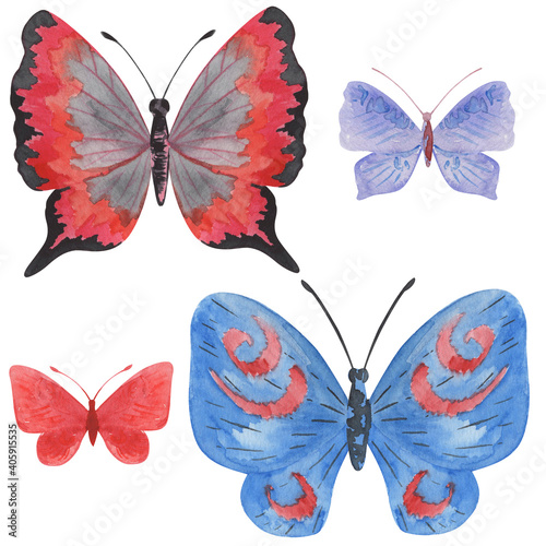 Watercolor illustration, butterflies, set of drawings, isolate on a white background