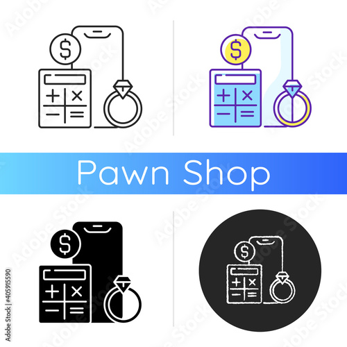 Price calculation icon. Formula pricing. Establishing selling price for product. Pawn estimator, calculator. Commission cost. Linear black and RGB color styles. Isolated vector illustrations