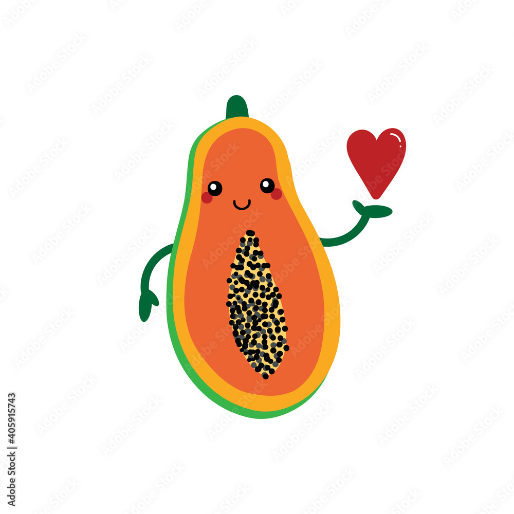 Cute cartoon style smiling papaya fruit character holding in hand red
