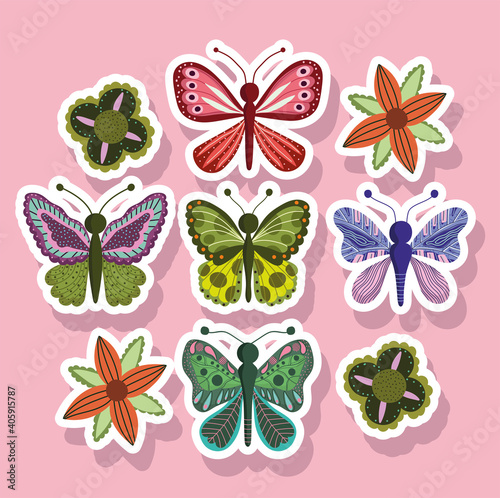 butterflies insect nature animals in sticker style on pink background