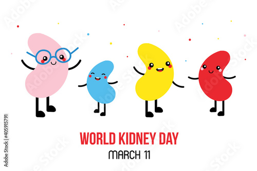 World Kidney Day vector cartoon style illustration, card with cute colorful kidney characters. Kidney diseases awareness.