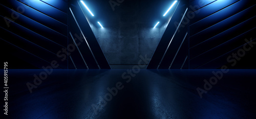 Neon Led Laser Electric Blue Glowing Sci Fi Futuristic Hangar Tunnel Corridor Underground Cement Concrete Realistic Cyber Alien Spaceship Background 3D Rendering