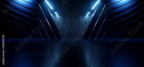 Fototapeta Naklejka Na Ścianę i Meble -  Neon Led Laser Electric Blue Glowing Sci Fi Futuristic Hangar Tunnel Corridor Underground Cement Concrete Realistic Cyber Alien Spaceship Background 3D Rendering