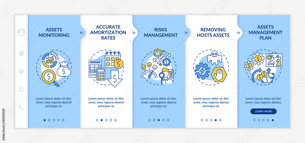Investment management benefits onboarding vector template. Amortization rates. Removing ghosts assets. Responsive mobile website with icons. Webpage walkthrough step screens. RGB color concept Investment management benefits onboarding vector template. Amortization rates. Removing ghosts assets. Responsive mobile website with icons. Webpage walkthrough step screens. RGB color concept