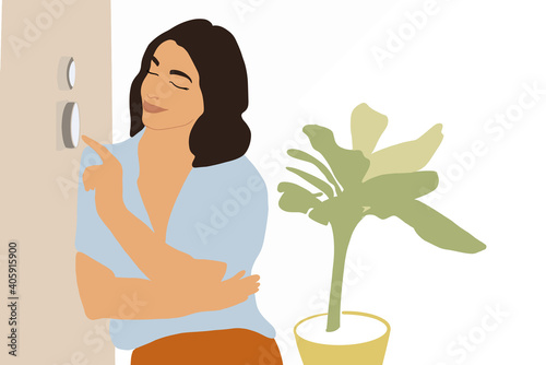Portrait of woman using smart home device to change temperature. Vector illustration in pastel tones