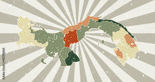 Panama vintage map. Grunge poster with map of the country in retro color palette. Shape of Panama with sunburst rays background. Vector illustration.