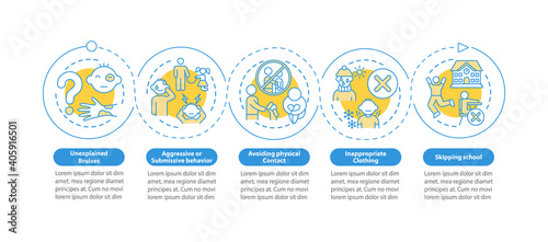 Domestic abuse symptoms vector infographic template. Parental neglect presentation design elements. Data visualization with 5 steps. Process timeline chart. Workflow layout with linear icons
