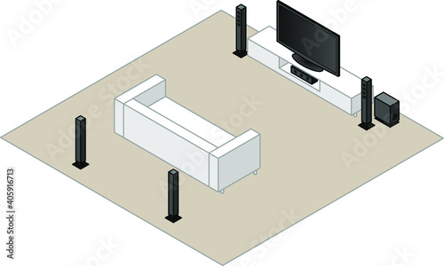 A 5.1 home theatre setup. With a subwoofer, centre speaker,2 front speakers and 2 back speakers.