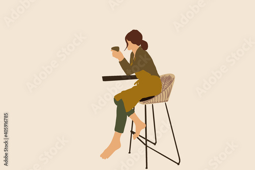 Woman sitting on the bar chair and drink a coffee. Vector illustration in pastel tones