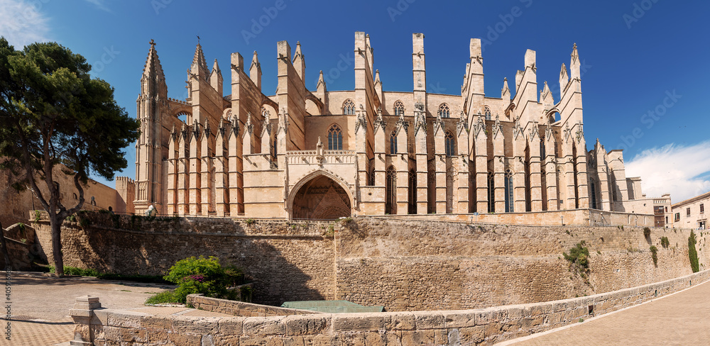 Front view of the famous La Seu Cathedral in Palma de Mallorca capital on a sunny day, on Balearic island of Spain