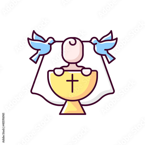 Christening RGB color icon. Baby baptism. Child christian religious ritual. Tradition for catholic newborn. Family party celebration. Protestant ceremony. Isolated vector illustration