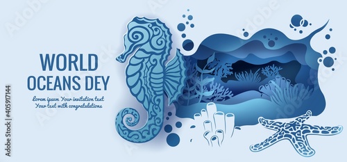 Text - world ocean day. Seahorse, starfish. template for making a postcard. vector image for laser cutting and plotter printing. fauna with marine animals.