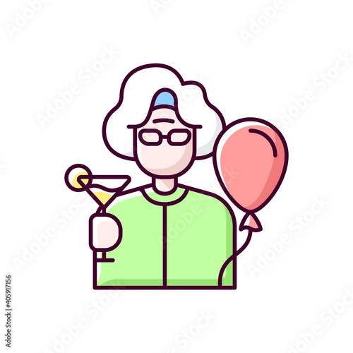 Retirement party RGB color icon. Retiree with drink and balloon. Birthday anniversary celebration for senior woman. Elderly person congratulation. Cheers to grandmother. Isolated vector illustration