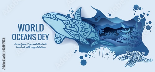 Text - world ocean day. Killer whale, starfish. template for making a postcard. vector image for laser cutting and plotter printing. fauna with marine animals.