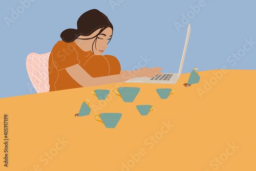 Tired woman working on laptop with a lot of cups of coffee at home. Vector illustration in pastel tones