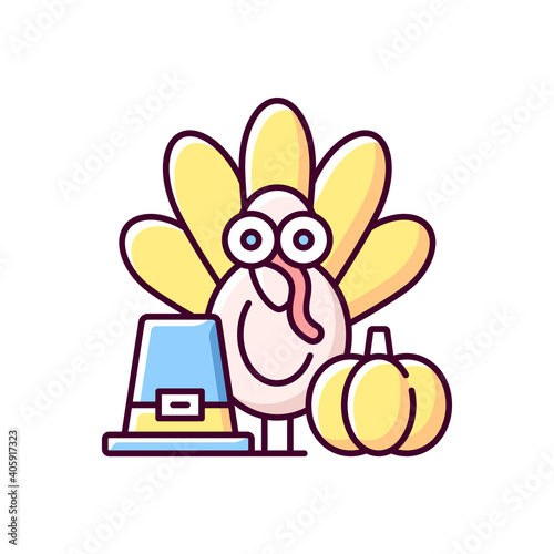 Thanksgiving RGB color icon. Festive occasion. Traditional family party. Seasonal gathering. Poultry, turkey, fowl for holiday dinner. Autumn feast. Pilgrim hat. Isolated vector illustration