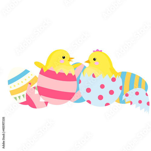 stock vector illustration on a white background. two chickens hatched from the color easter eggs. A newborn farm chicken. Little hen. The celebration of Easter.